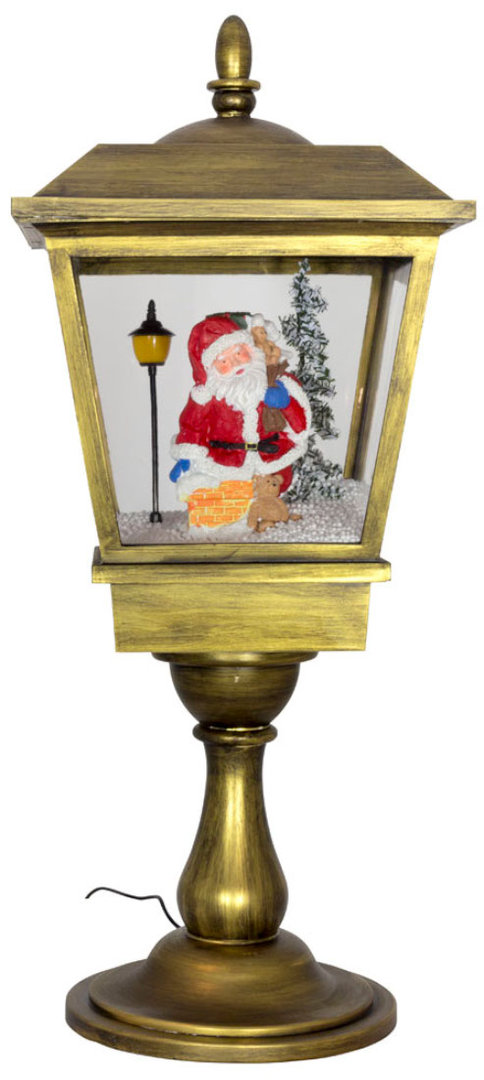 Schneiende Tisch Laterne mit Santa in Bronzeoptik - dezente LED-Beleuchtung und Musik ca. 65 cm