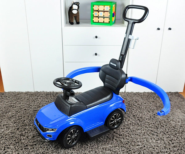 Kinder Rutschauto VW T-ROC in Blau ab 1 Jahr mit Soundeffekten Führungsstange und Kippschutz