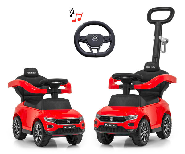 Kinder Rutschauto VW T-ROC in Rot ab 1 Jahr mit Soundeffekten Führungsstange und Kippschutz
